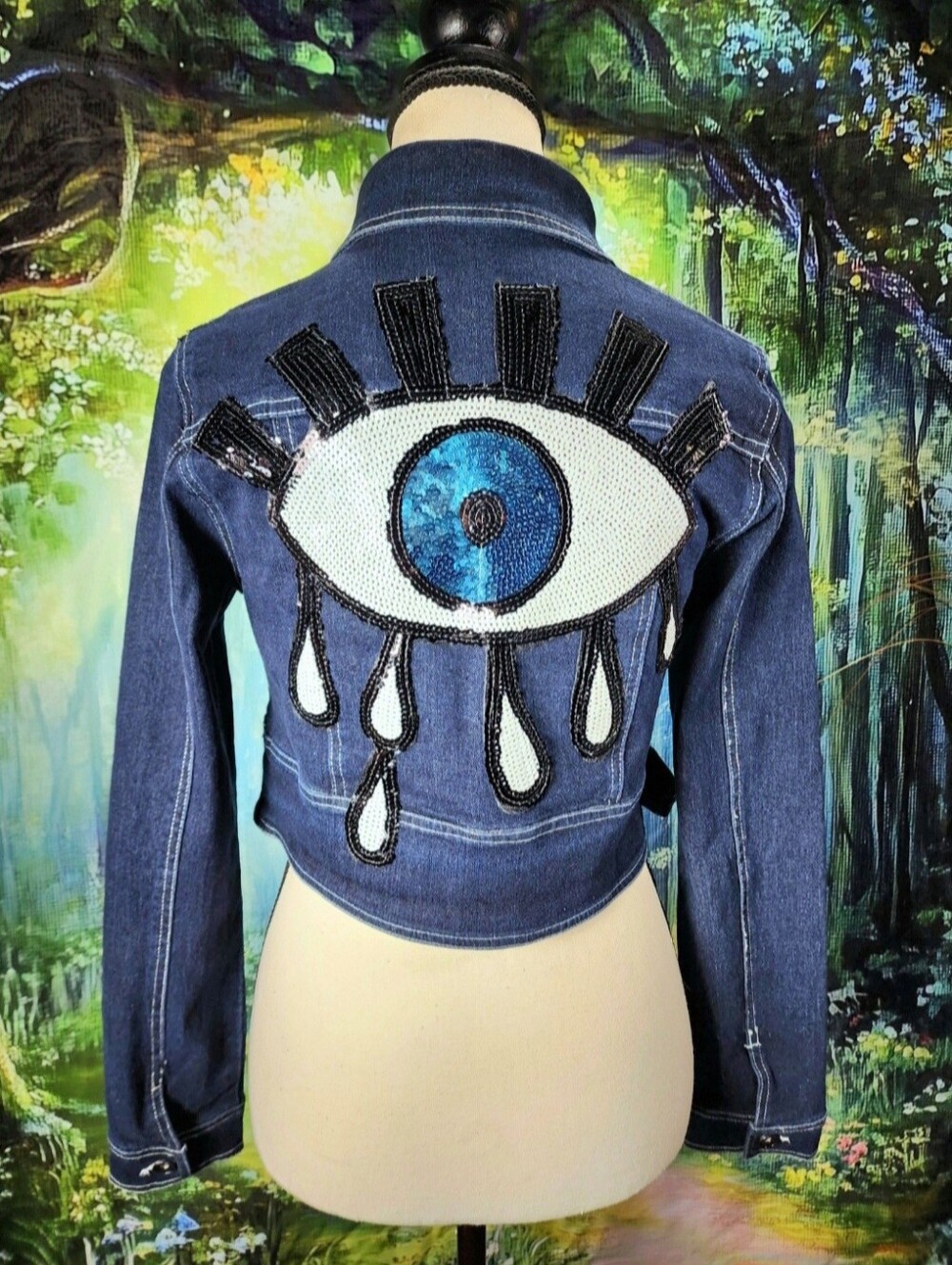 🎃👁 EVIL EYE MEBON By Machine Jeans Sequin Cropped Denim Jacket NWT Size M